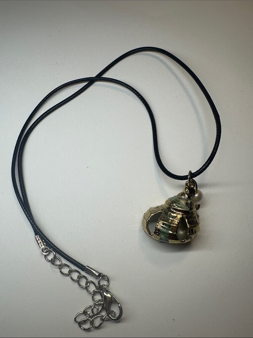 Seashell Pendant Necklace with Pearl Accent - Black Cord